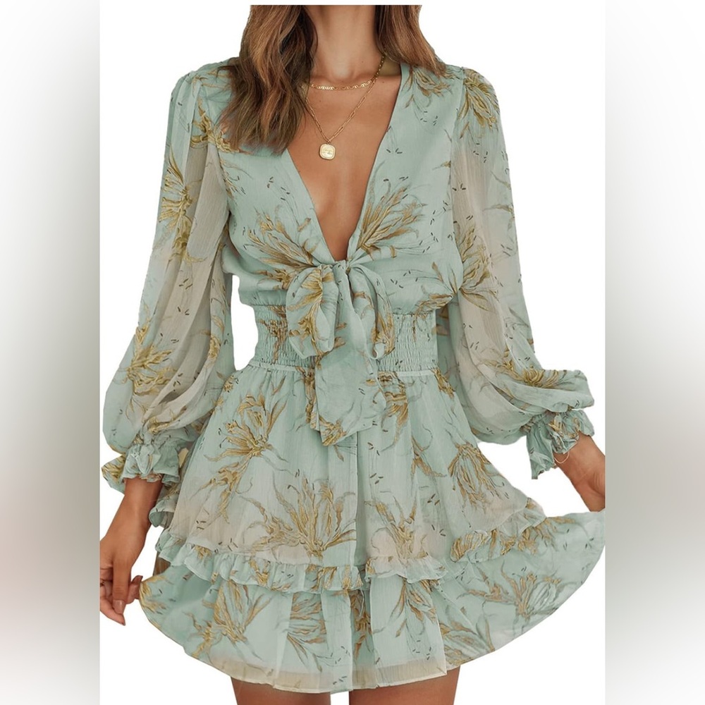 Green and Gold Ruffled Tiered Sundress with Long Bishop Sleeves